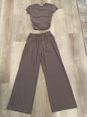Darong Lounge Set XS Brown Mocha | Matching Set Wide Leg Pants & Tee Minimalist